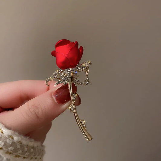 Rhinestone Red Rose Flower Brooches